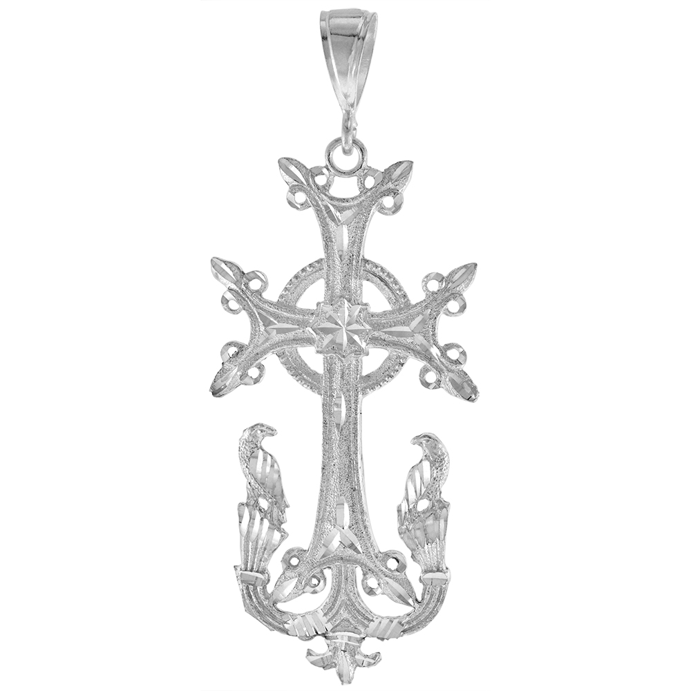 3 5/8 INCH LARGE STERLING SILVER ARMENIAN CROSS PENDANT FOR MEN DIAMOND CUT FINISH