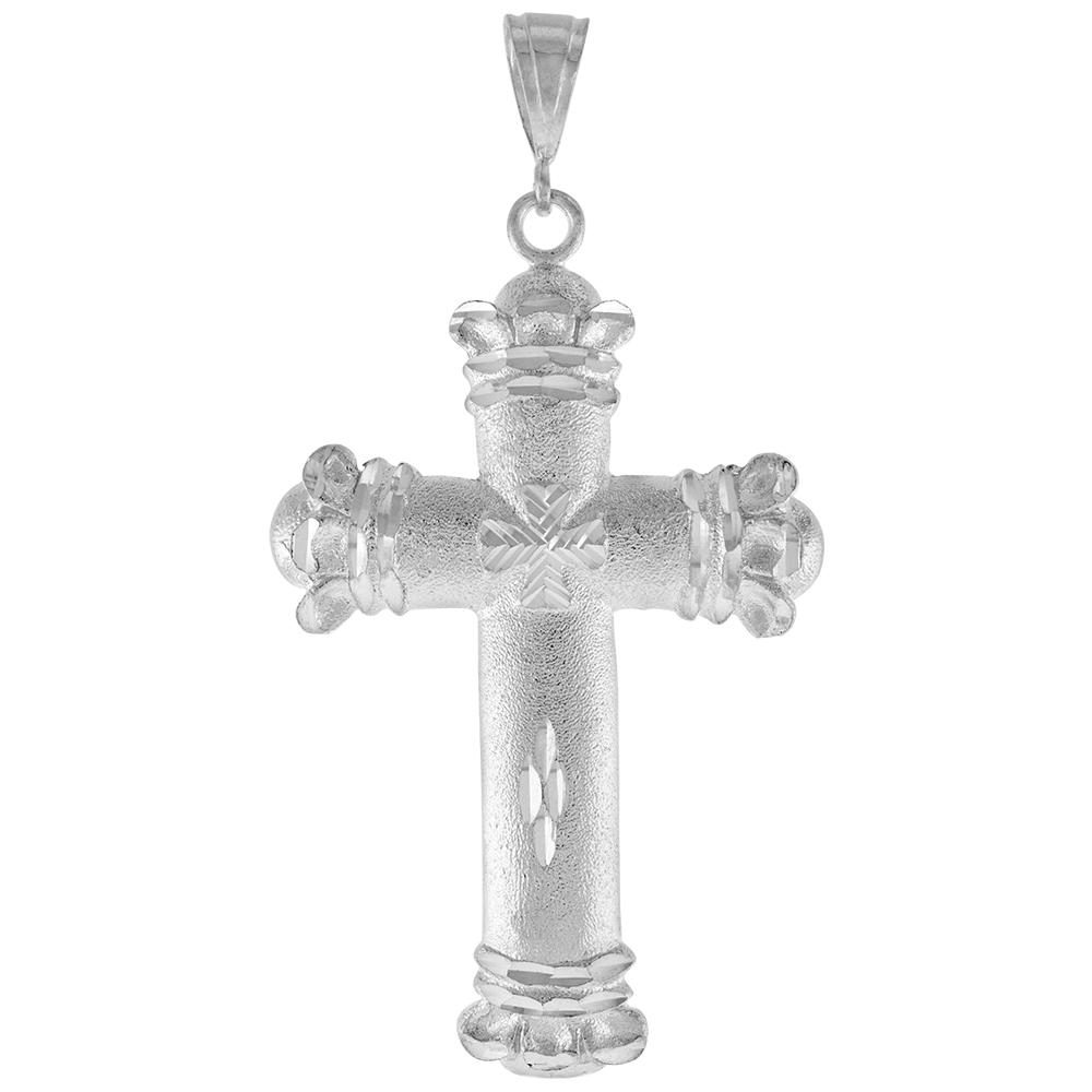 3 3/16 INCH (81 MM) LARGE STERLING SILVER CROSS PENDANT FOR MEN DIAMOND CUT FINISH