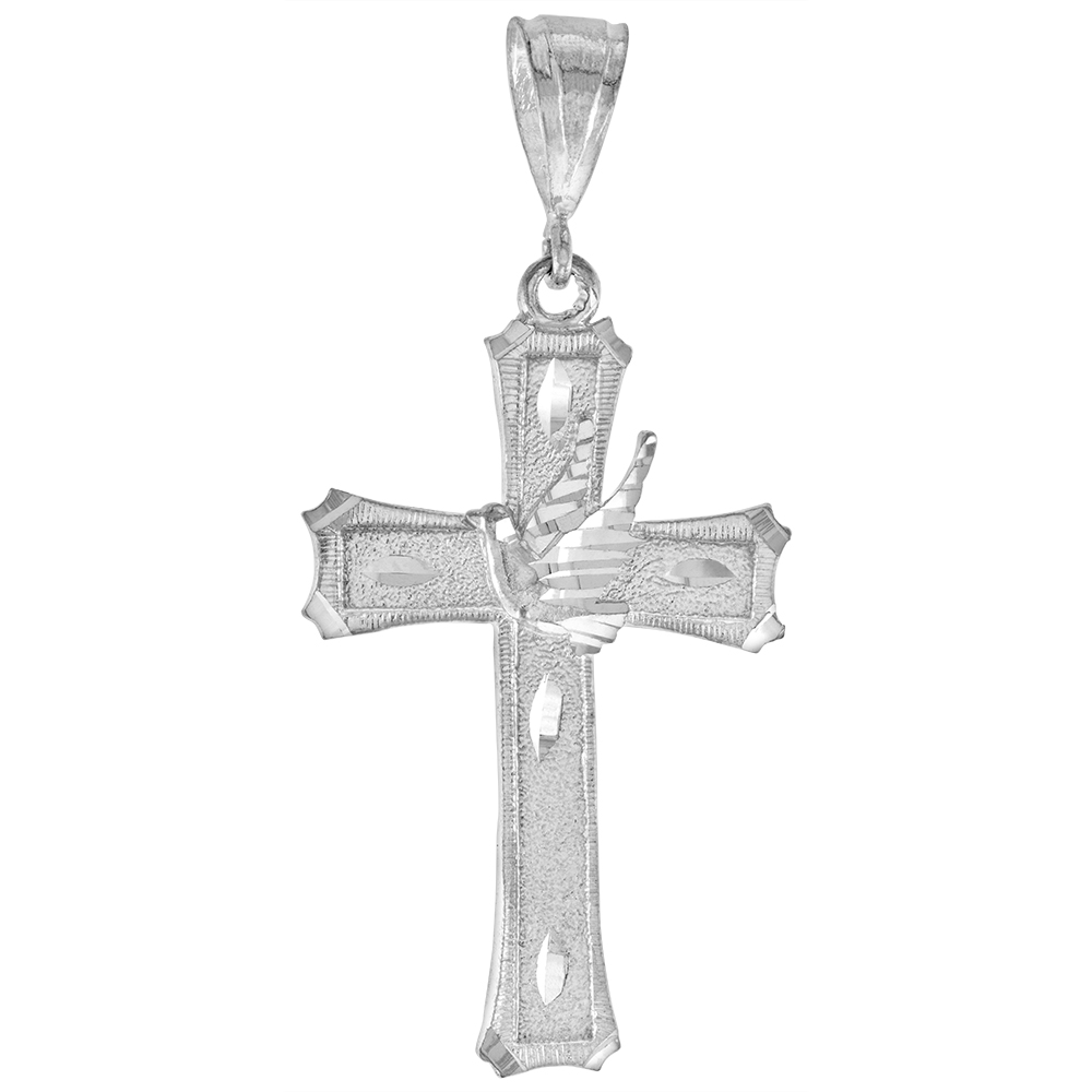2 5/16 inch Large Sterling Silver Cross with Dove Pendant for Men Diamond Cut finish