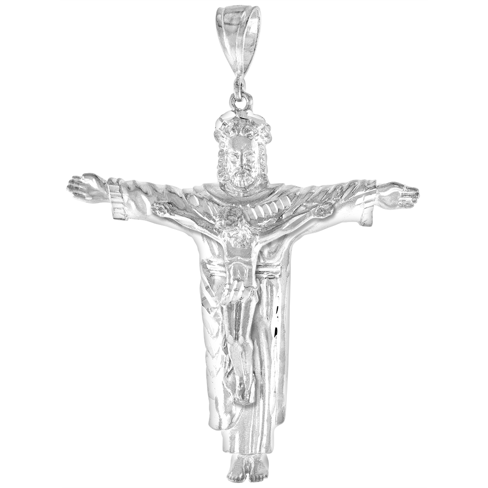 3 1/16 INCH LARGE STERLING SILVER CRUCIFIX PENDANT FOR MEN DIAMOND CUT FINISH