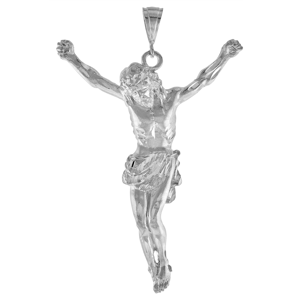 3 5/8 INCH LARGE STERLING SILVER CHRIST PENDANT FOR MEN DIAMOND CUT FINISH