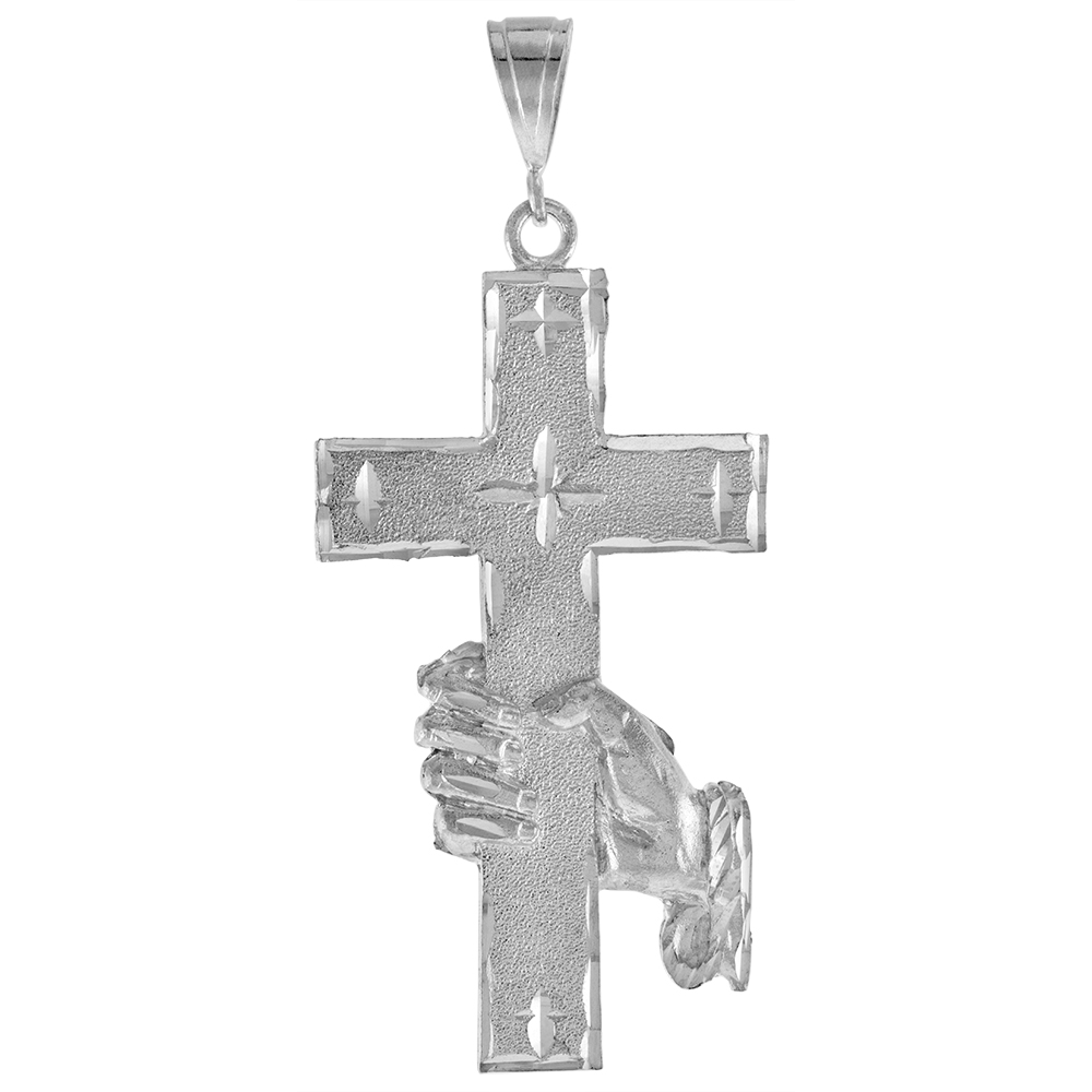 3 INCH LARGE STERLING SILVER CROSS PENDANT FOR MEN DIAMOND CUT FINISH