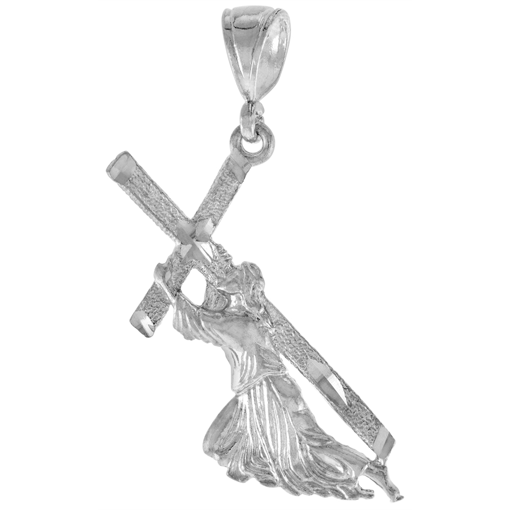 1 7/8 INCH LARGE STERLING SILVER CHRIST CARRYING THE CROSS PENDANT FOR MEN DIAMOND CUT FINISH