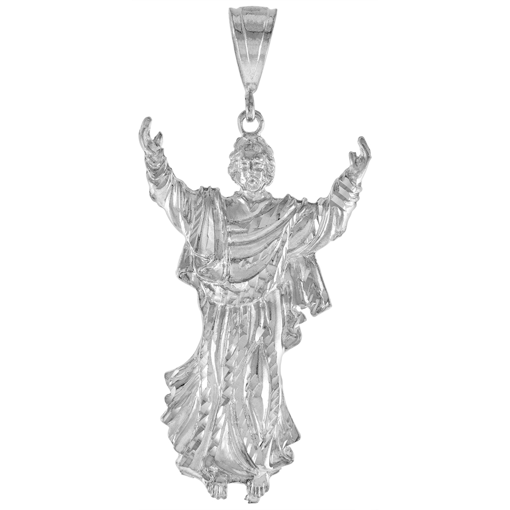 2 3/4 INCH LARGE STERLING SILVER CHRIST PENDANT FOR MEN DIAMOND CUT FINISH