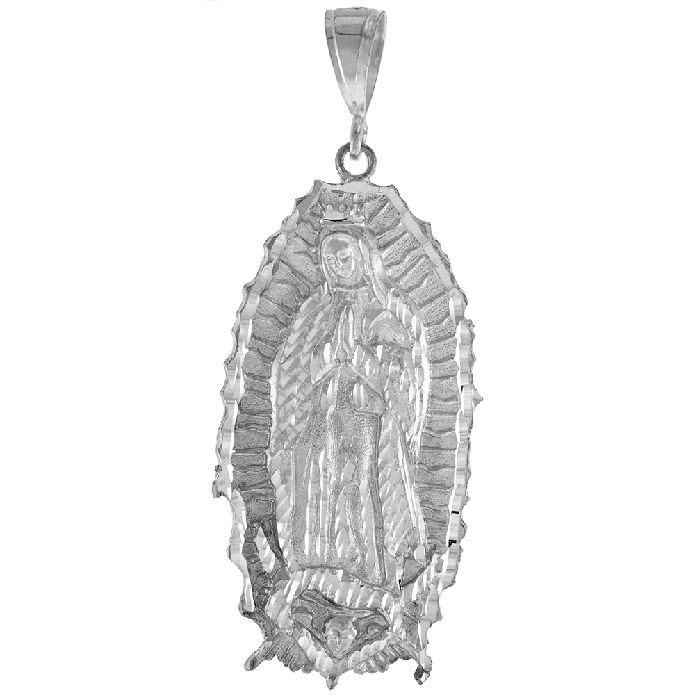 3 5/16 inch Large Sterling Silver Guadalupe Pendant for Men Diamond Cut finish