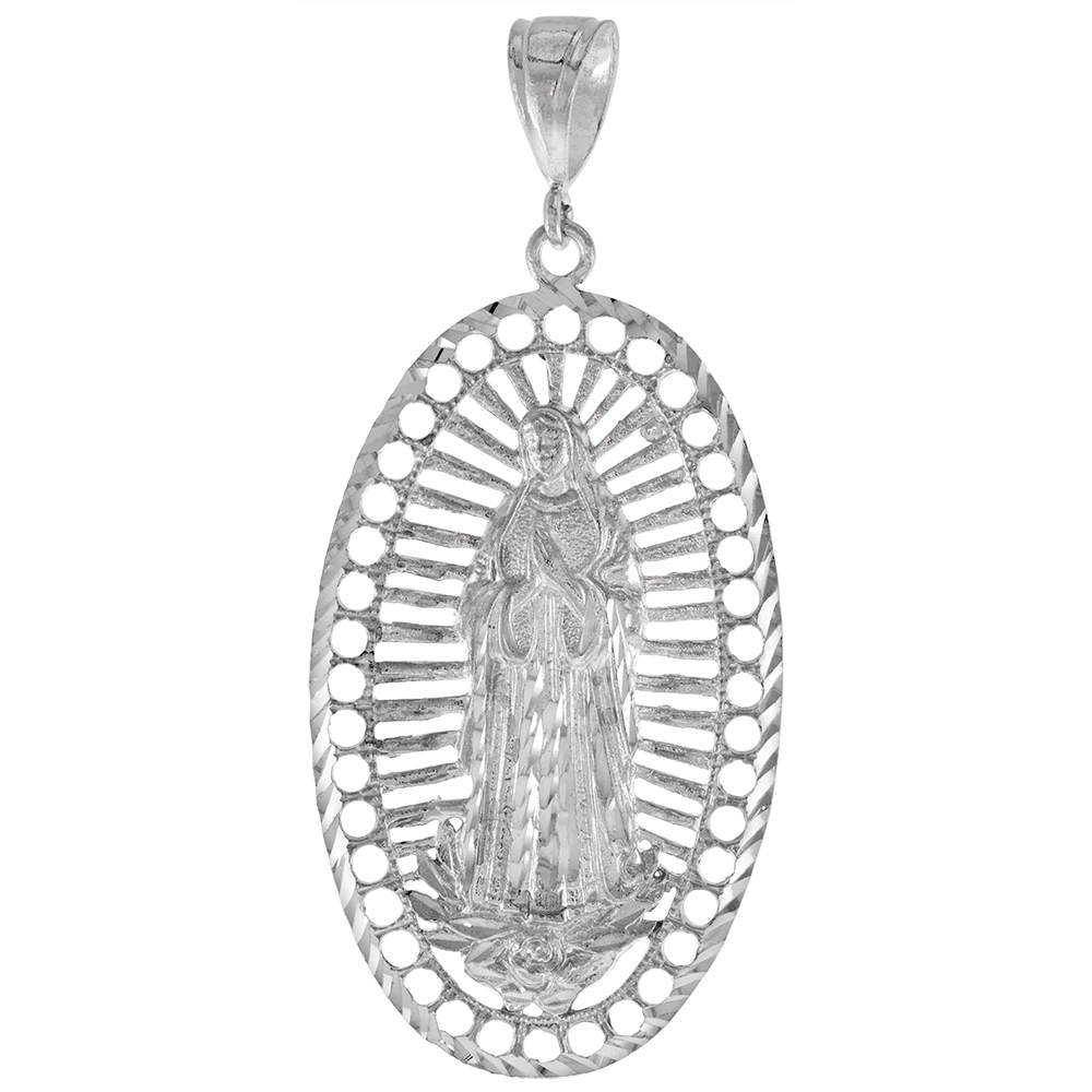 2 3/4 INCH LARGE STERLING SILVER GUADALUPE PENDANT FOR MEN DIAMOND CUT FINISH