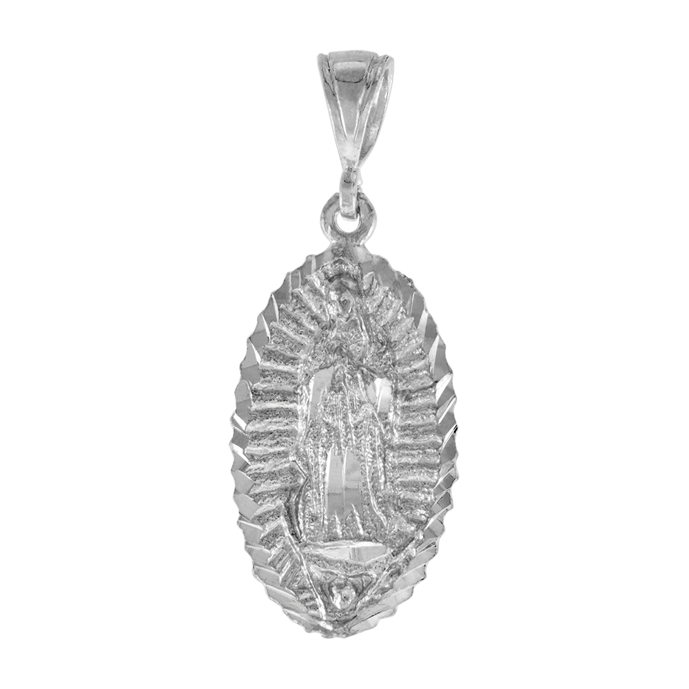 1 3/8 inch Large Sterling Silver Guadalupe Pendant for Men Diamond Cut finish