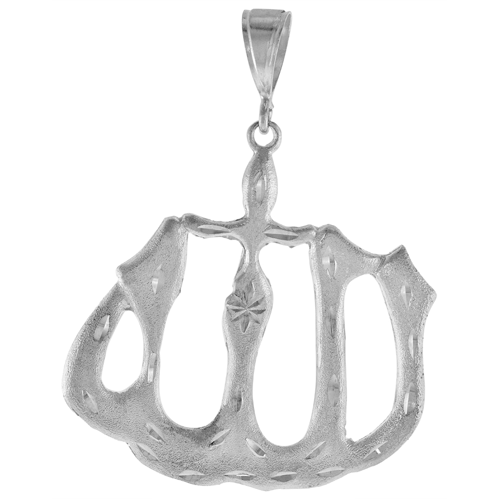 2 3/4 INCH LARGE STERLING SILVER ALLAH PENDANT FOR MEN DIAMOND CUT FINISH