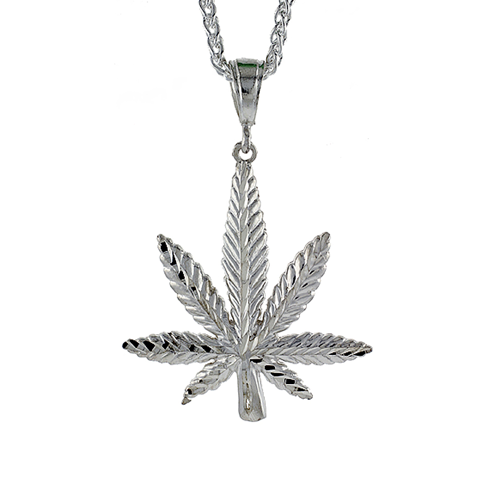 2 INCH LARGE STERLING SILVER POT LEAF PENDANT FOR MEN DIAMOND CUT FINISH