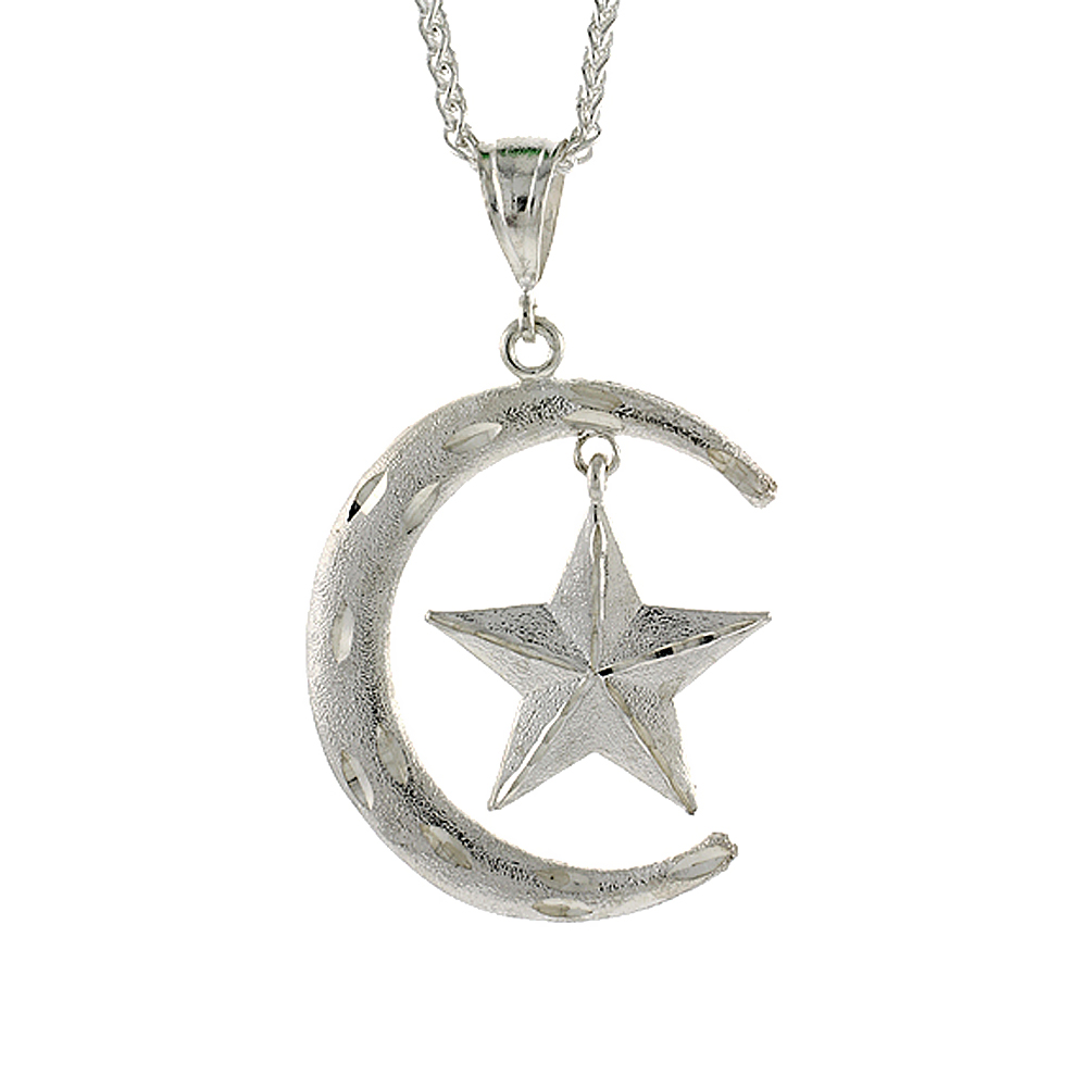 2 3/16 INCH LARGE STERLING SILVER CRESCENT MOON AND STAR PENDANT FOR MEN DIAMOND CUT FINISH