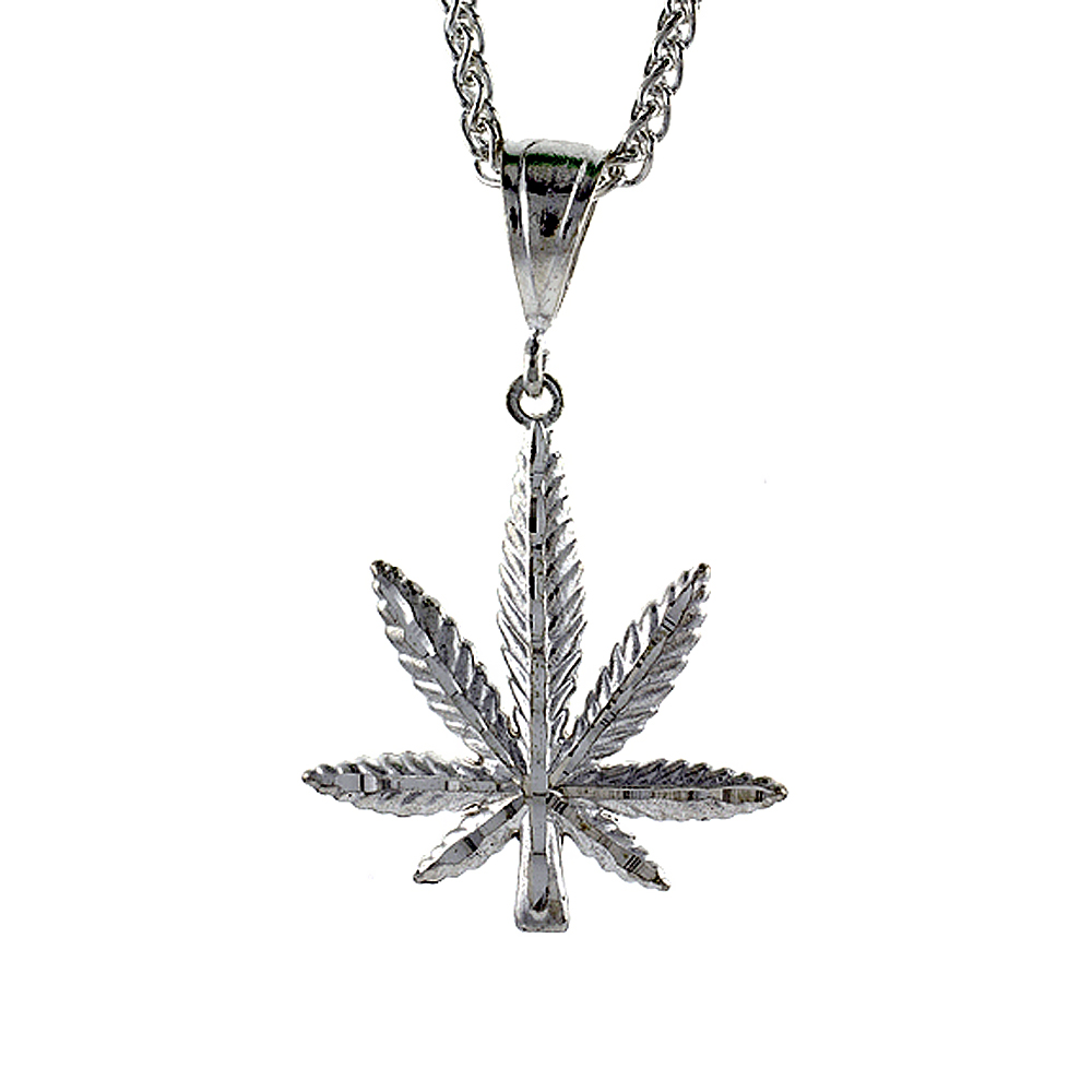 1 3/4 INCH LARGE STERLING SILVER POT LEAF PENDANT FOR MEN DIAMOND CUT FINISH