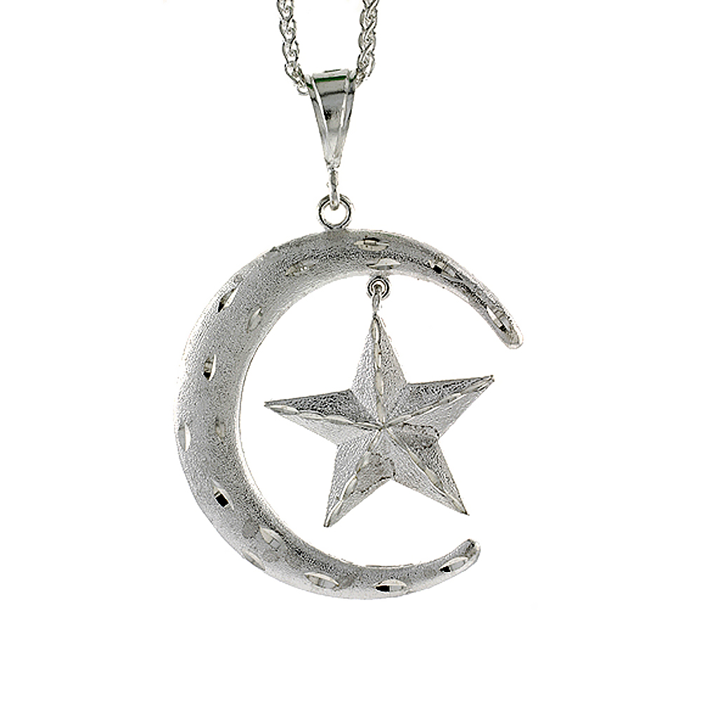 2 3/4 INCH LARGE STERLING SILVER CRESCENT MOON AND STAR PENDANT FOR MEN DIAMOND CUT FINISH