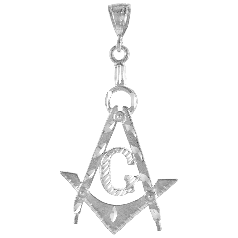 2 1/16 INCH LARGE STERLING SILVER MASONRY PENDANT FOR MEN DIAMOND CUT FINISH
