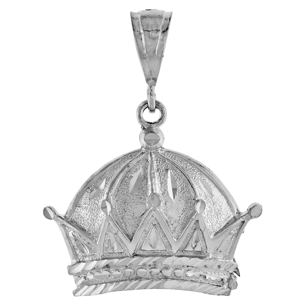 1 1/2 inch Large Sterling Silver Crown Pendant for Men Diamond Cut finish