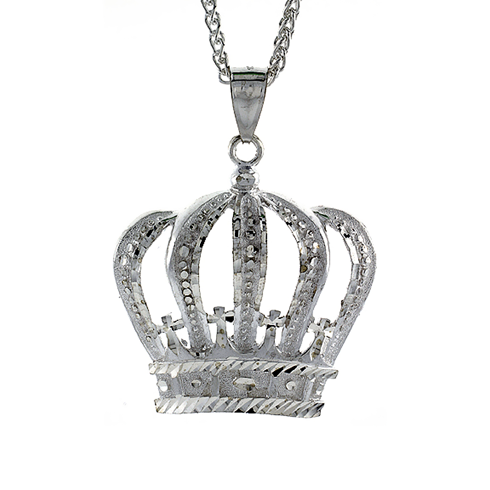 2 INCH LARGE STERLING SILVER CROWN PENDANT FOR MEN DIAMOND CUT FINISH