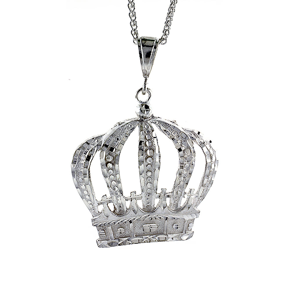 2 1/2 INCH LARGE STERLING SILVER CROWN PENDANT FOR MEN DIAMOND CUT FINISH