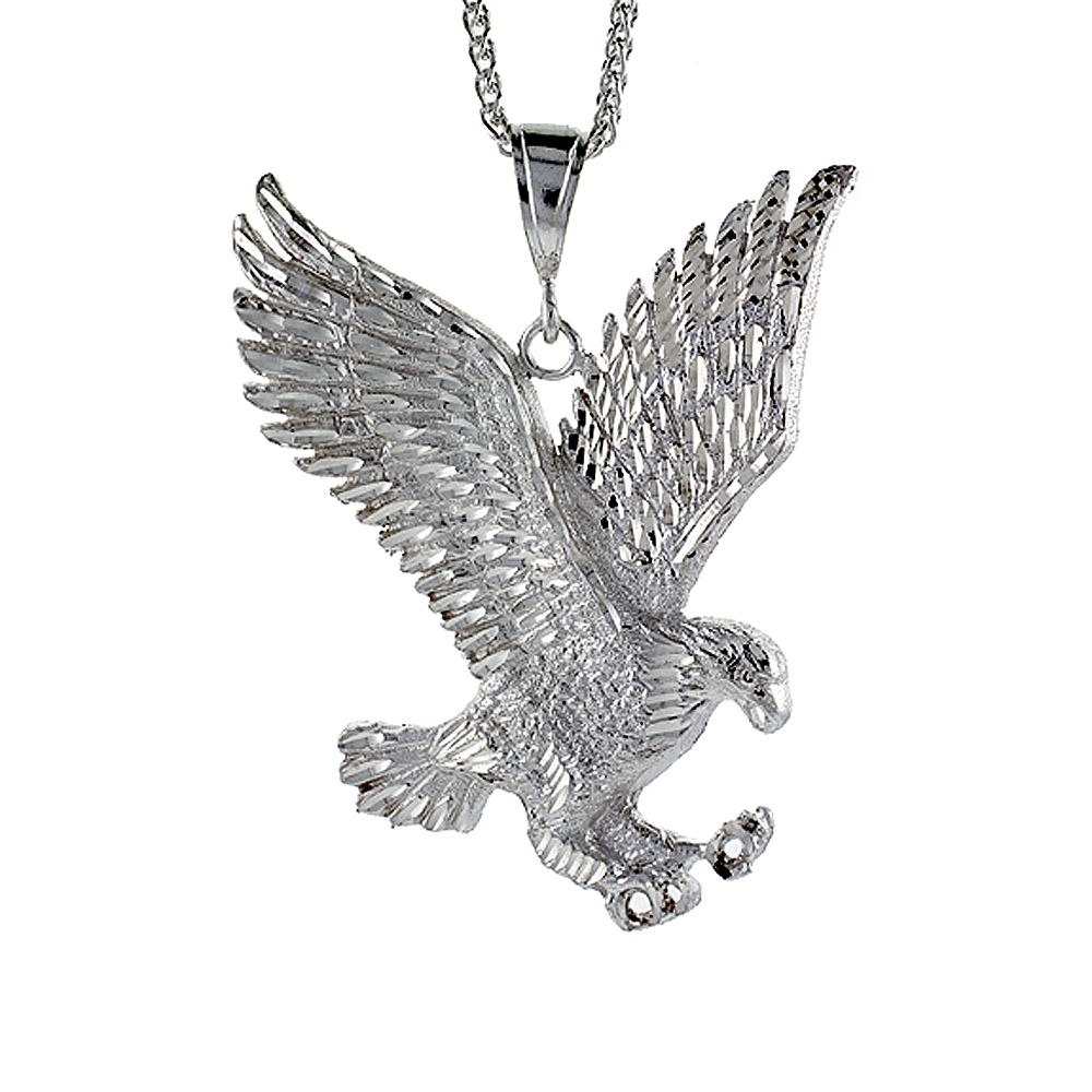 3 1/2 INCH LARGE STERLING SILVER EAGLE PENDANT FOR MEN DIAMOND CUT FINISH