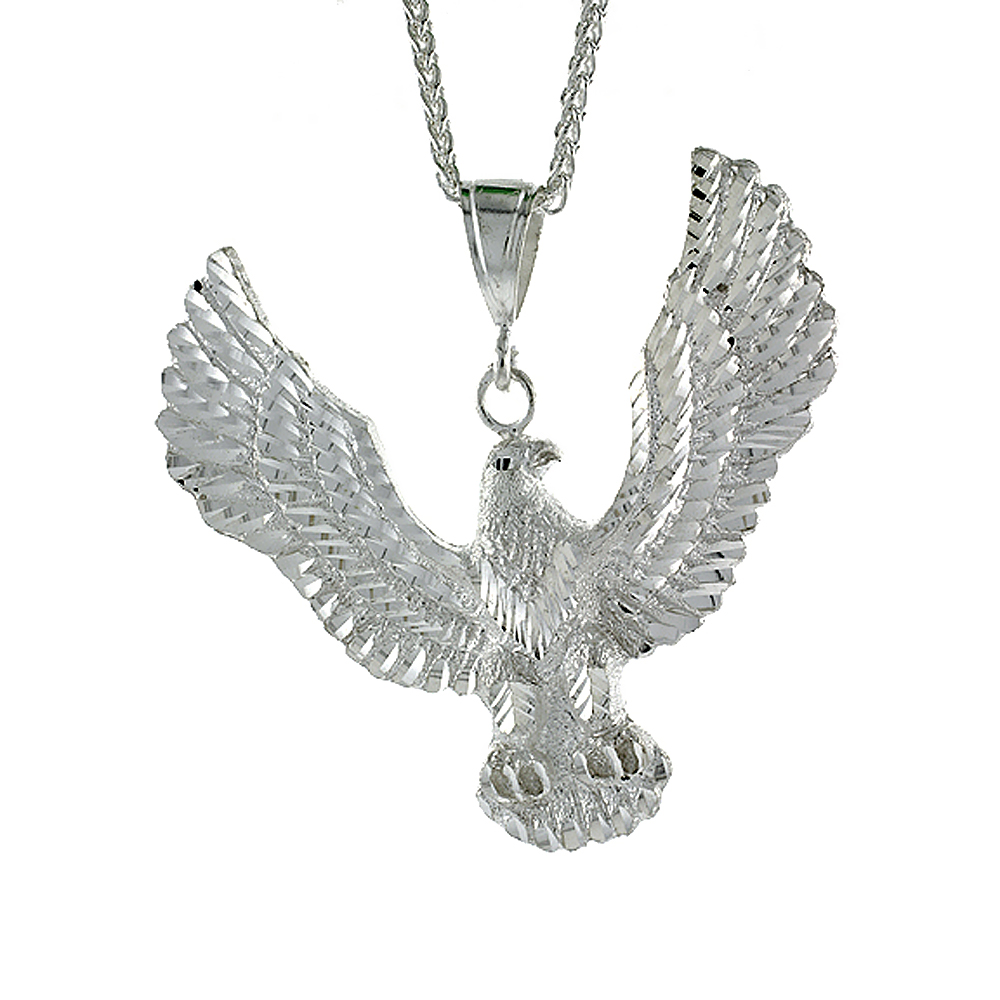 2 3/4 INCH LARGE STERLING SILVER EAGLE PENDANT FOR MEN DIAMOND CUT FINISH
