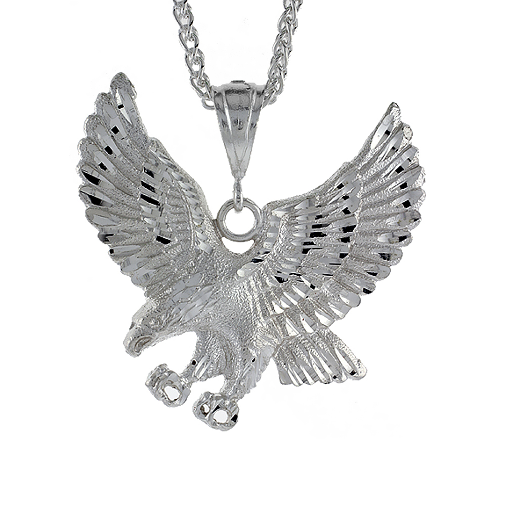 2 7/8 INCH LARGE STERLING SILVER EAGLE PENDANT FOR MEN DIAMOND CUT FINISH