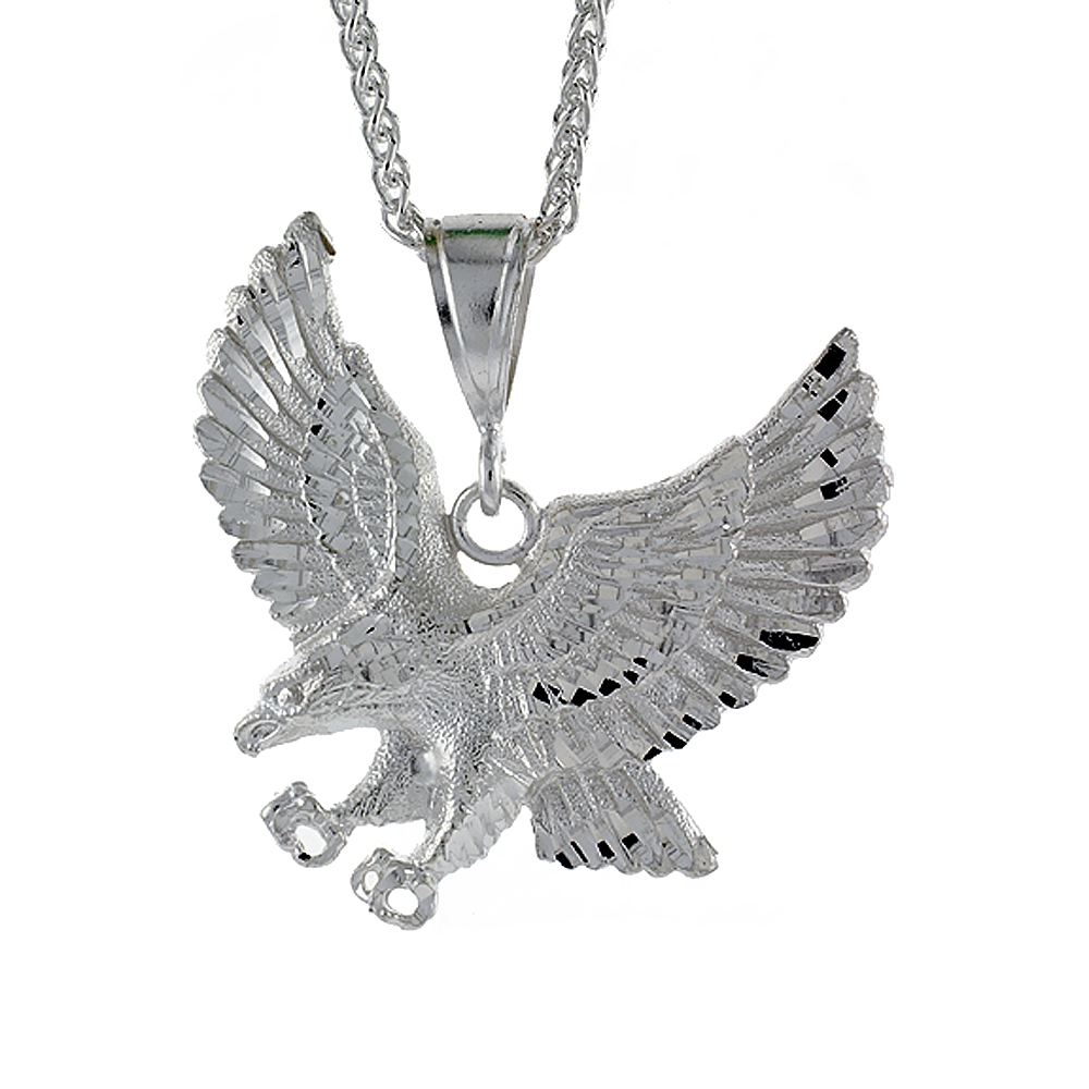 2 1/4 INCH LARGE STERLING SILVER EAGLE PENDANT FOR MEN DIAMOND CUT FINISH