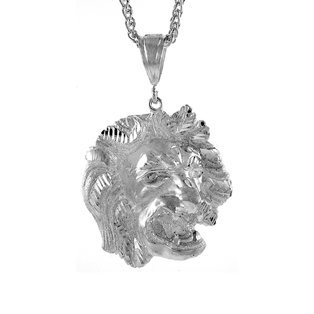 1 7/8 INCH LARGE STERLING SILVER LIONS HEAD PENDANT FOR MEN DIAMOND CUT FINISH