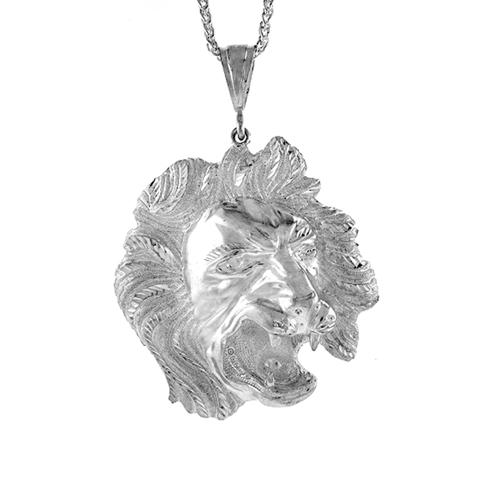 2 3/4 INCH LARGE STERLING SILVER LIONS HEAD PENDANT FOR MEN DIAMOND CUT FINISH