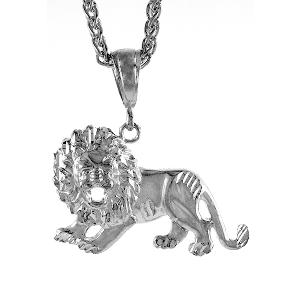 1 1/8 INCH LARGE STERLING SILVER LION BODY PENDANT FOR MEN DIAMOND CUT FINISH