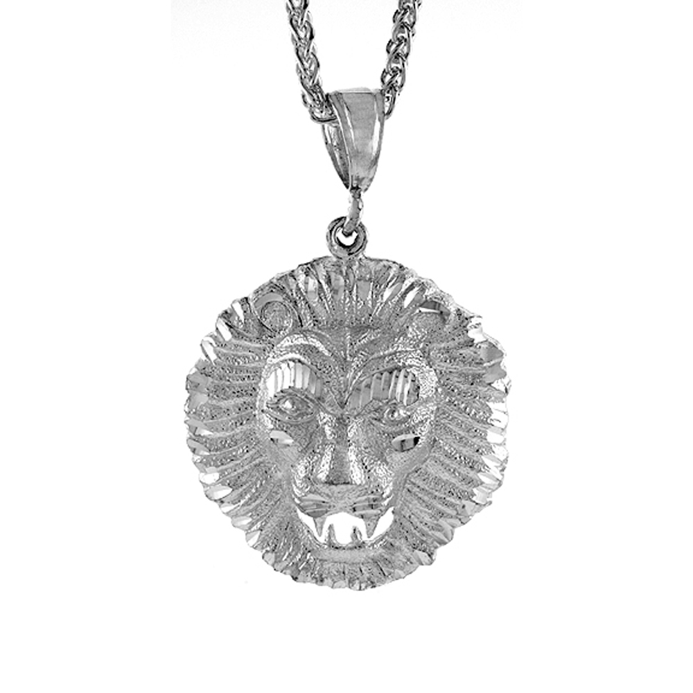 1 3/4 INCH LARGE STERLING SILVER LIONS HEAD PENDANT FOR MEN DIAMOND CUT FINISH