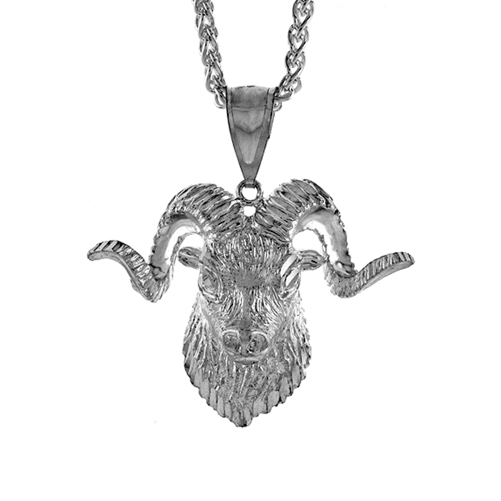 1 1/2 INCH LARGE STERLING SILVER RAMS HEAD PENDANT FOR MEN DIAMOND CUT FINISH