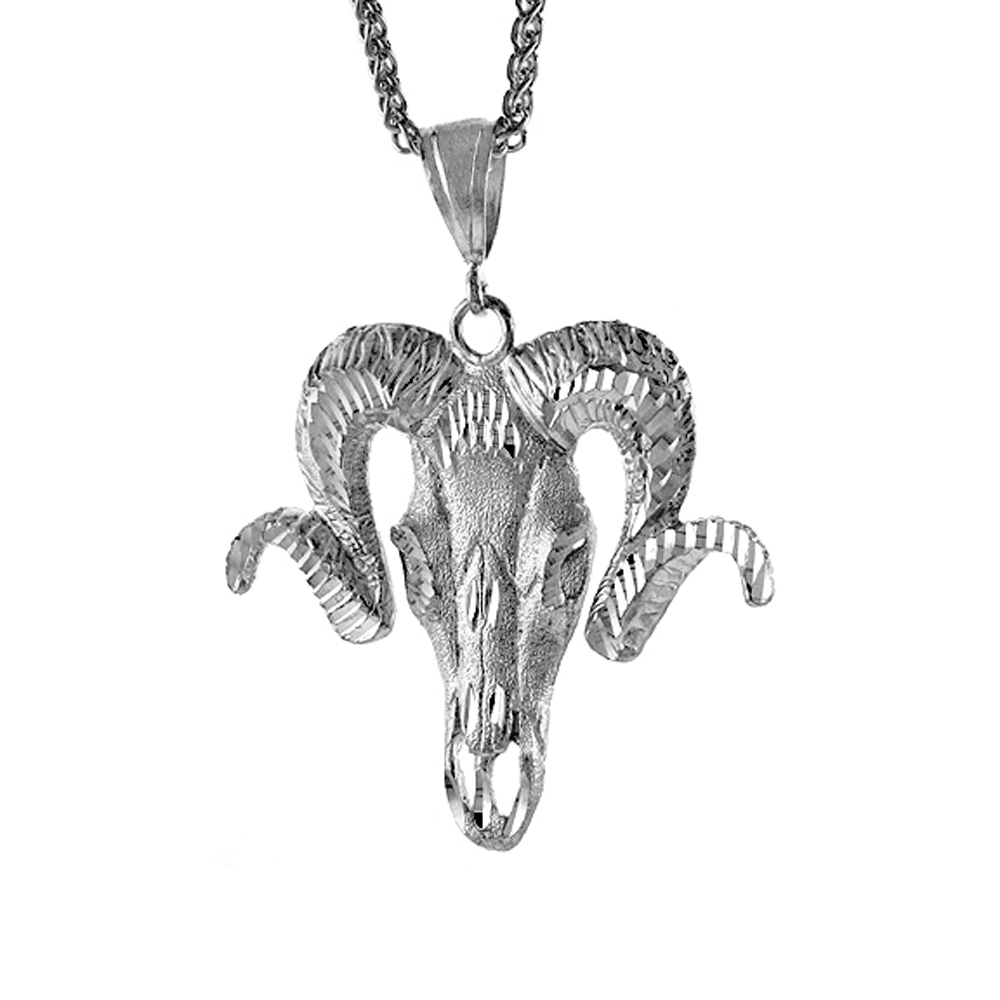 2 3/16 INCH LARGE STERLING SILVER RAMS SKULL PENDANT FOR MEN DIAMOND CUT FINISH
