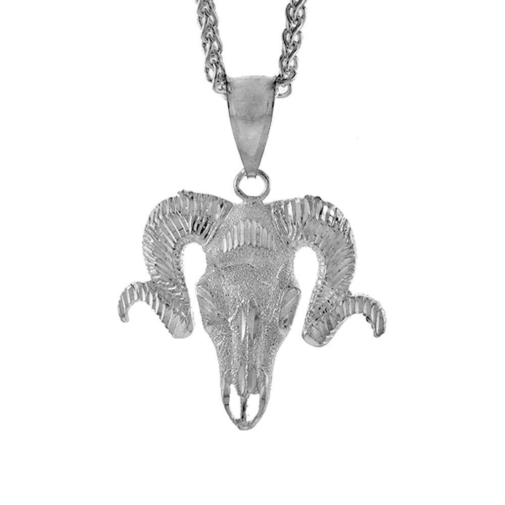 1 3/8 INCH LARGE STERLING SILVER RAMS HEAD PENDANT FOR MEN DIAMOND CUT FINISH