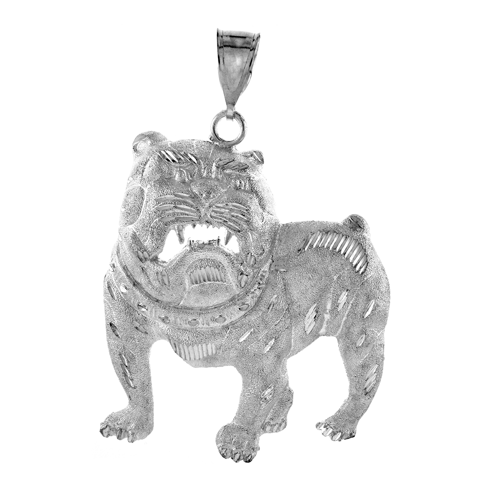 2 3/4 INCH LARGE STERLING SILVER BULLDOG PENDANT FOR MEN DIAMOND CUT FINISH