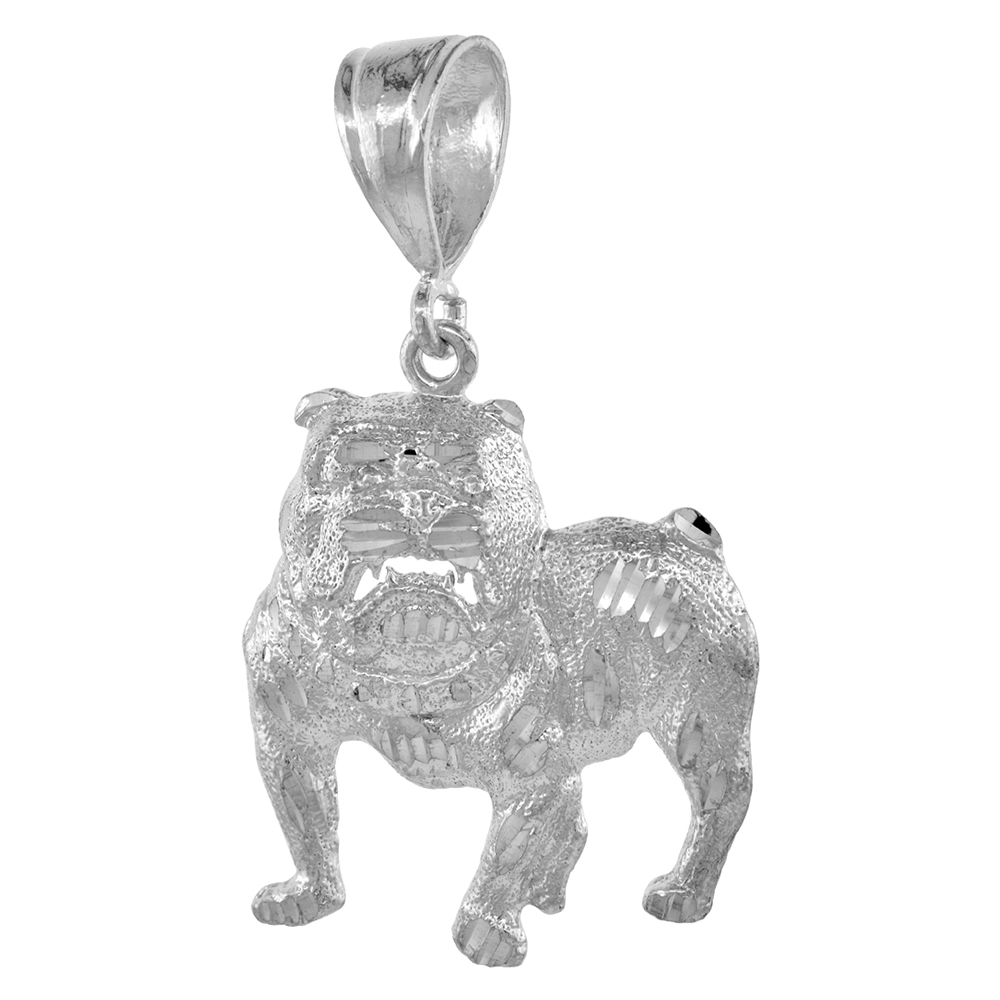 1 1/2 INCH LARGE STERLING SILVER BULLDOG PENDANT FOR MEN DIAMOND CUT FINISH