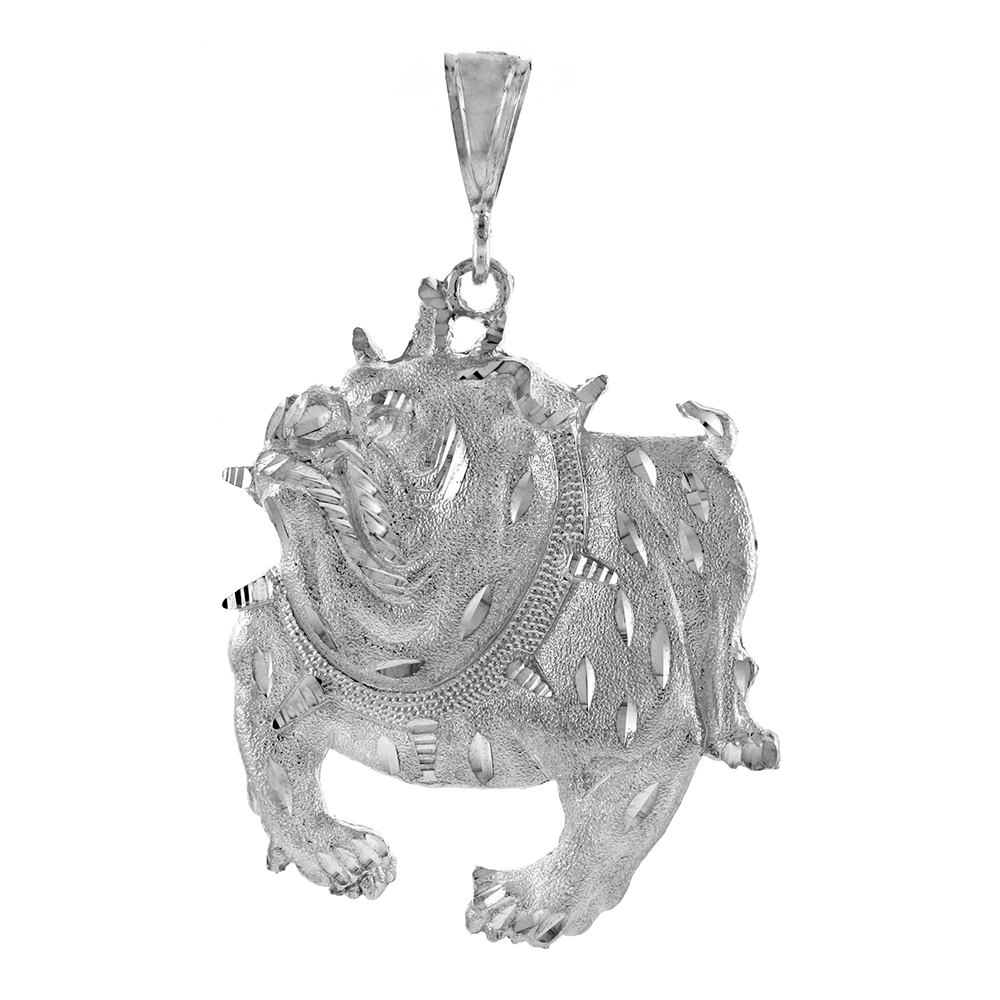 3 INCH LARGE STERLING SILVER BULLDOG PENDANT FOR MEN DIAMOND CUT FINISH