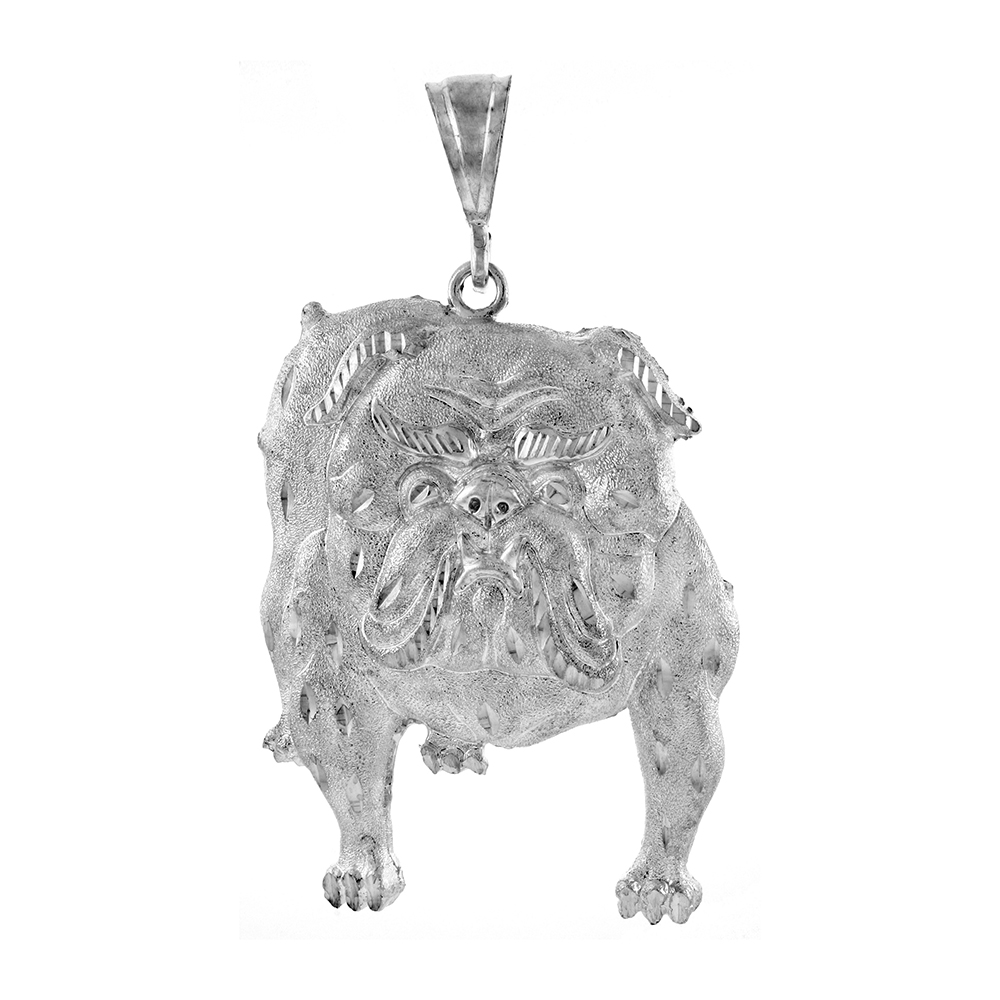 2 3/16 INCH LARGE STERLING SILVER BULLDOG PENDANT FOR MEN DIAMOND CUT FINISH