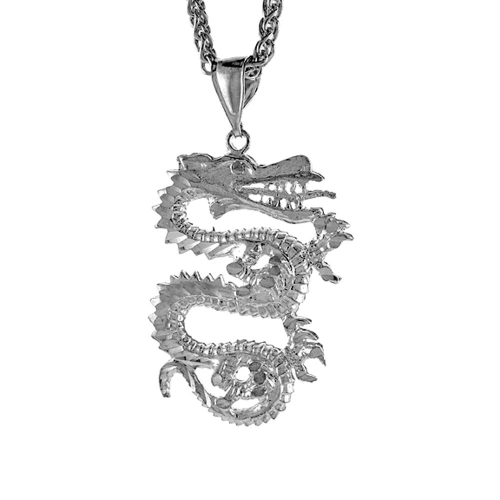 2 3/16 INCH LARGE STERLING SILVER CHINESE DRAGON PENDANT FOR MEN DIAMOND CUT FINISH