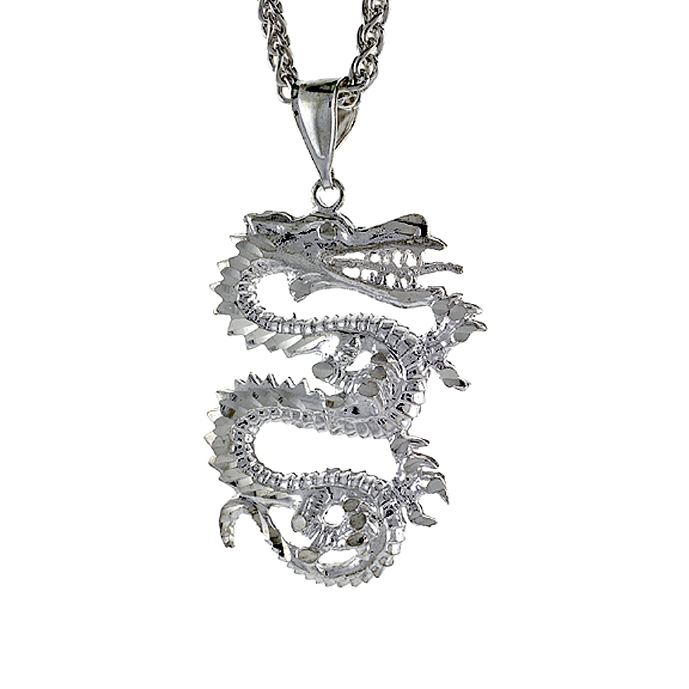 1 1/8 INCH LARGE STERLING SILVER SMALL CHINESE DRAGON PENDANT FOR MEN DIAMOND CUT FINISH
