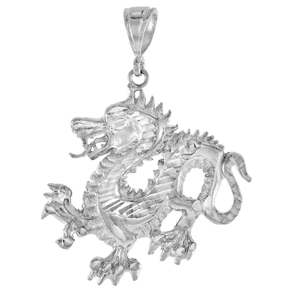 1 inch Sterling Silver Small Chinese Dragon Pendant for Men Diamond Cut finish