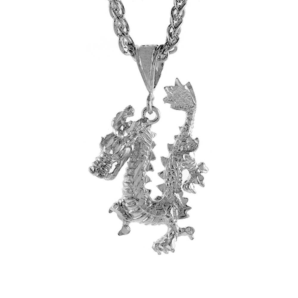 1 1/2 INCH LARGE STERLING SILVER DRAGON PENDANT FOR MEN DIAMOND CUT FINISH