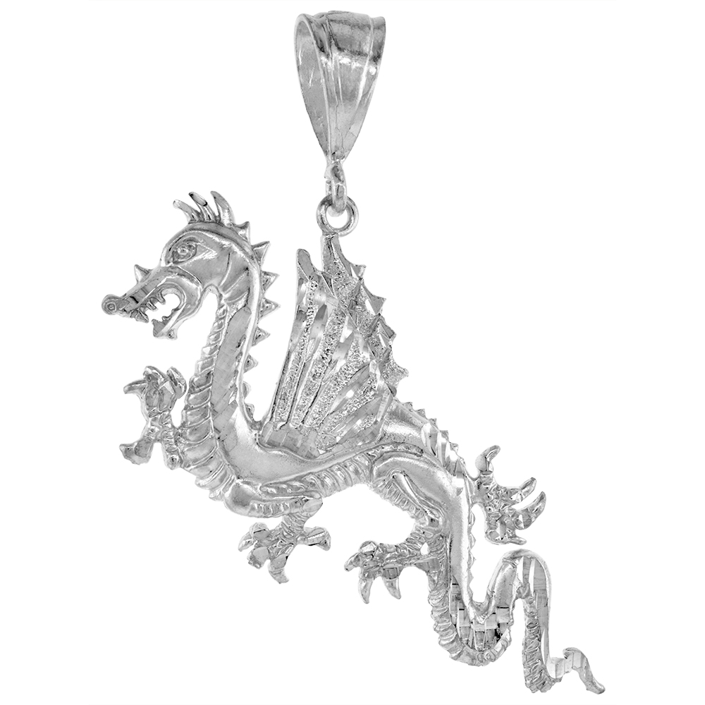 2 3/4 INCH LARGE STERLING SILVER DRAGON PENDANT FOR MEN DIAMOND CUT FINISH