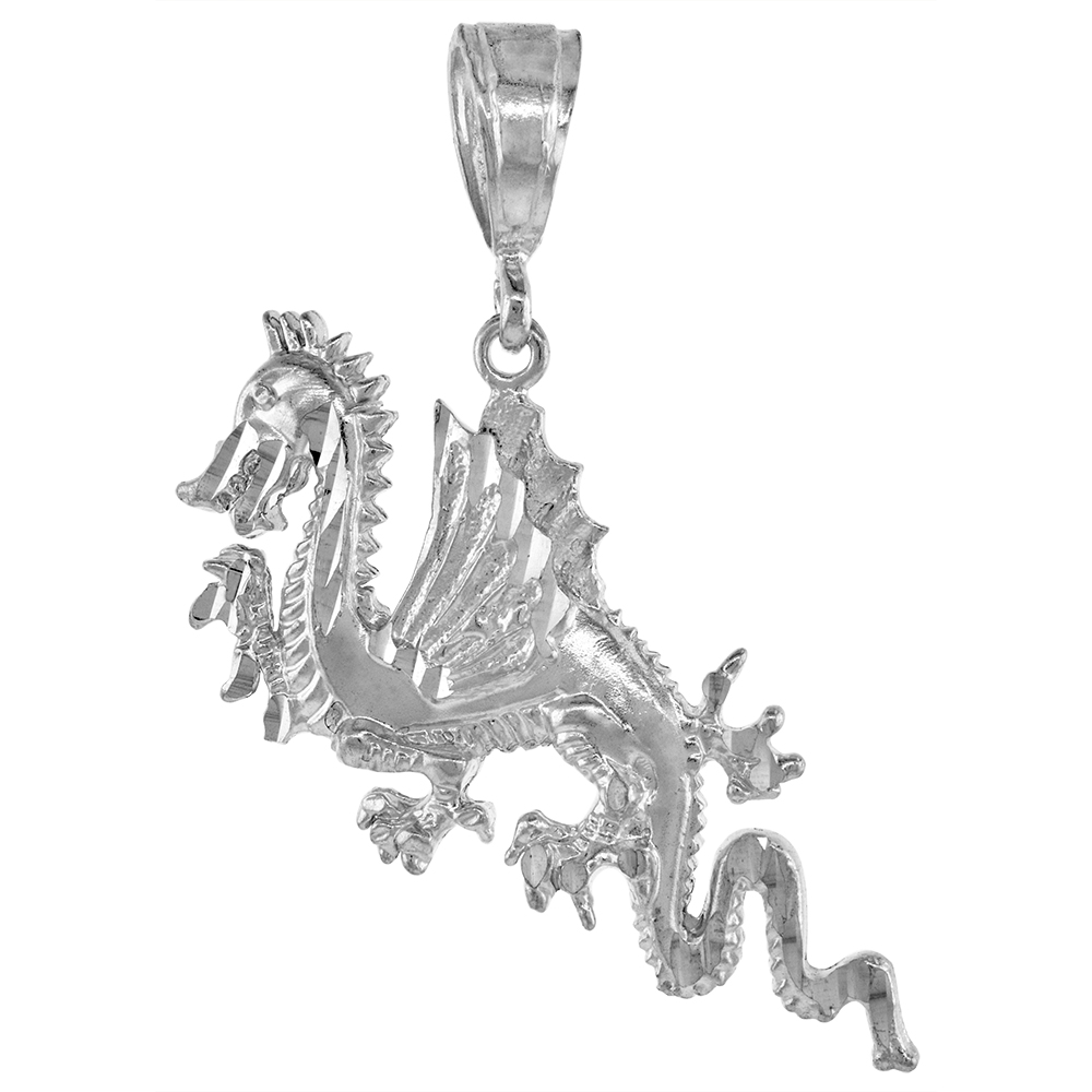 1 1/16 INCH LARGE STERLING SILVER DRAGON PENDANT FOR MEN DIAMOND CUT FINISH