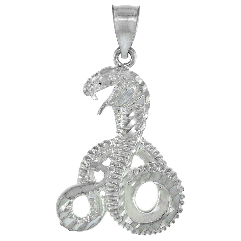 1 1/2 inch Large Sterling Silver Cobra Snake Pendant for Men Diamond Cut finish
