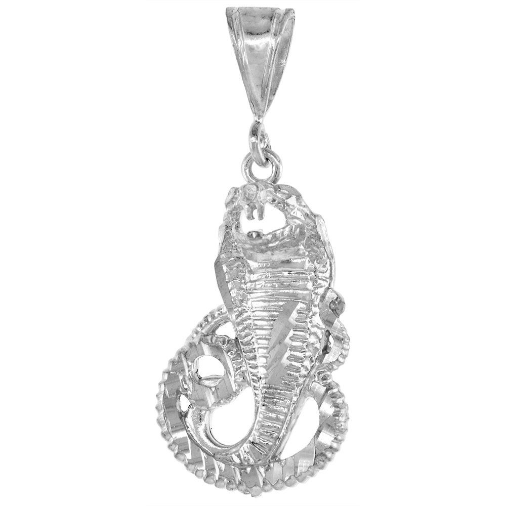 1 1/8 INCH LARGE STERLING SILVER SMALL COBRA SNAKE PENDANT FOR MEN DIAMOND CUT FINISH
