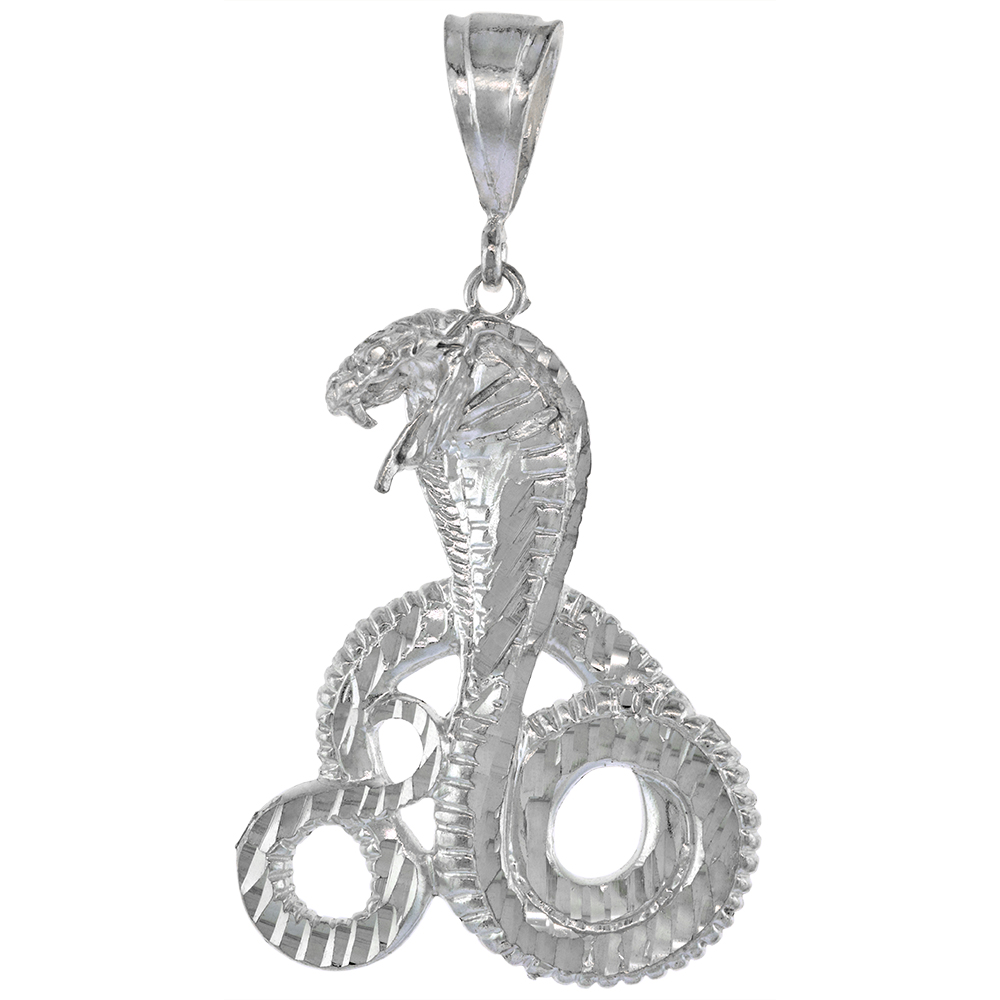 2 1/4 INCH LARGE STERLING SILVER COBRA SNAKE PENDANT FOR MEN DIAMOND CUT FINISH