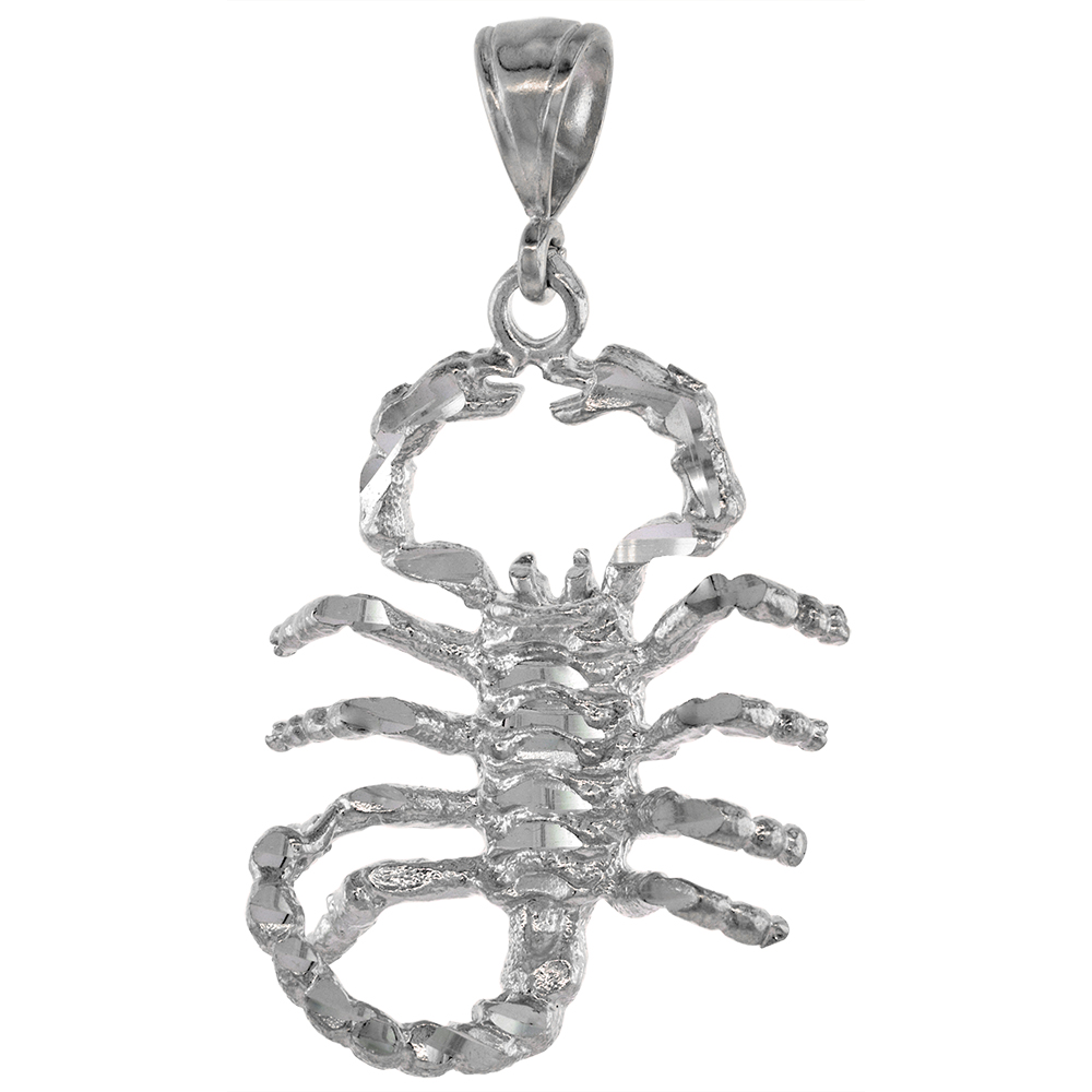 1 1/2 inch Large Sterling Silver Scorpio Pendant for Men Diamond Cut finish