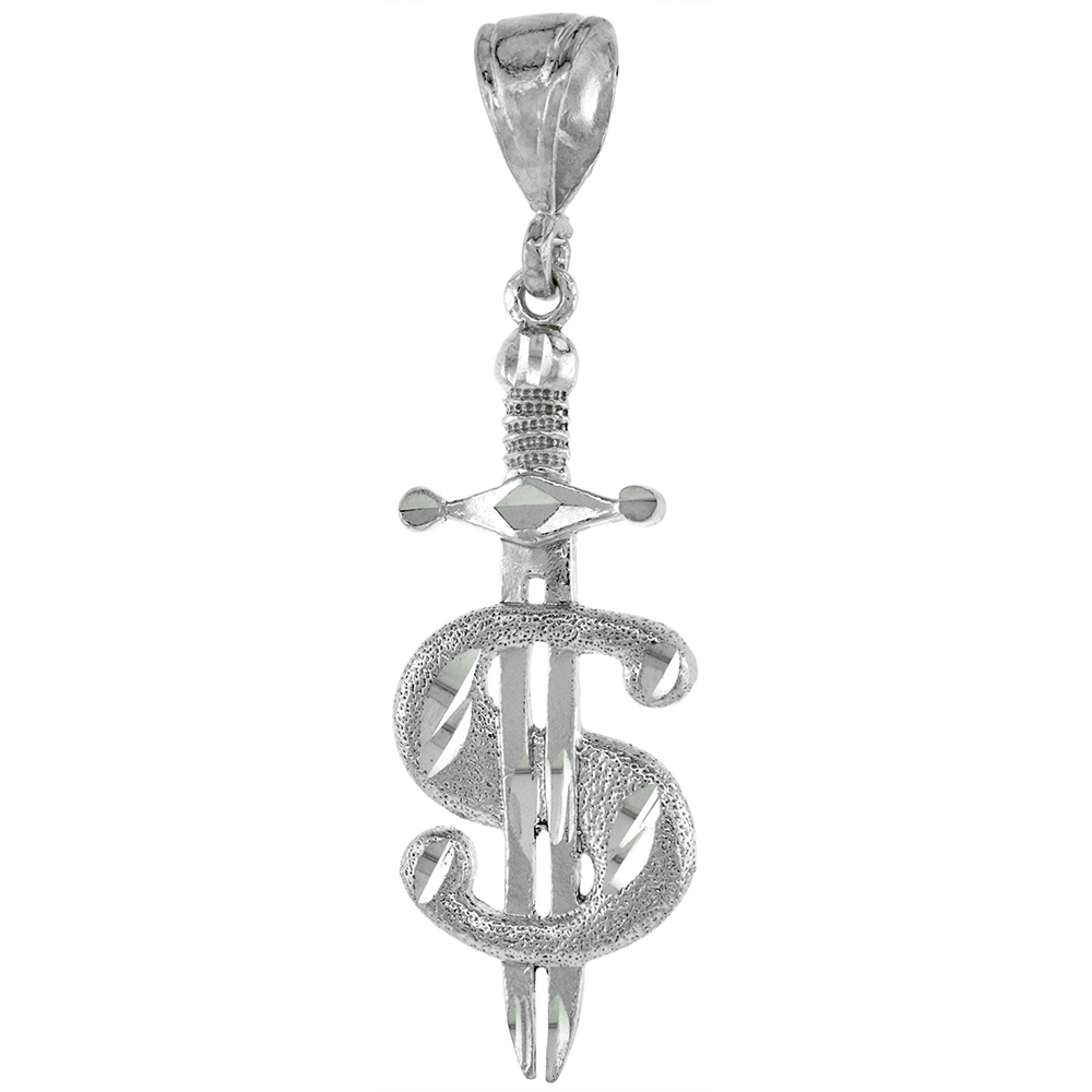 1 1/2 INCH LARGE STERLING SILVER DOLLAR SIGN WITH SWORD PENDANT FOR MEN DIAMOND CUT FINISH