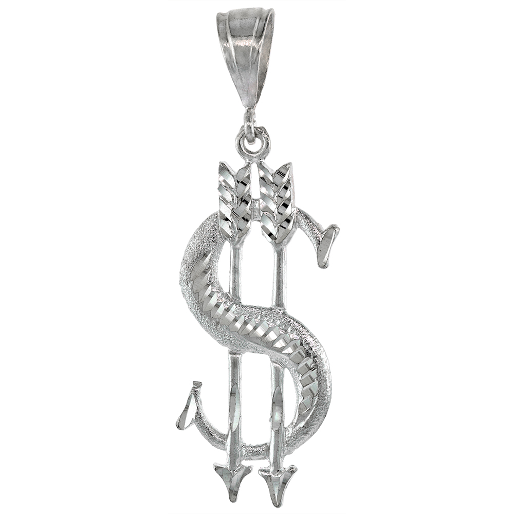 2 3/16 INCH LARGE STERLING SILVER DOLLAR SIGN WITH ARROWS PENDANT FOR MEN DIAMOND CUT FINISH