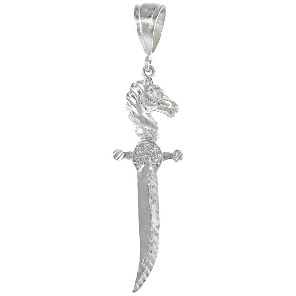 2 3/4 INCH LARGE STERLING SILVER SWORD WITH HORSE HILT PENDANT FOR MEN DIAMOND CUT FINISH
