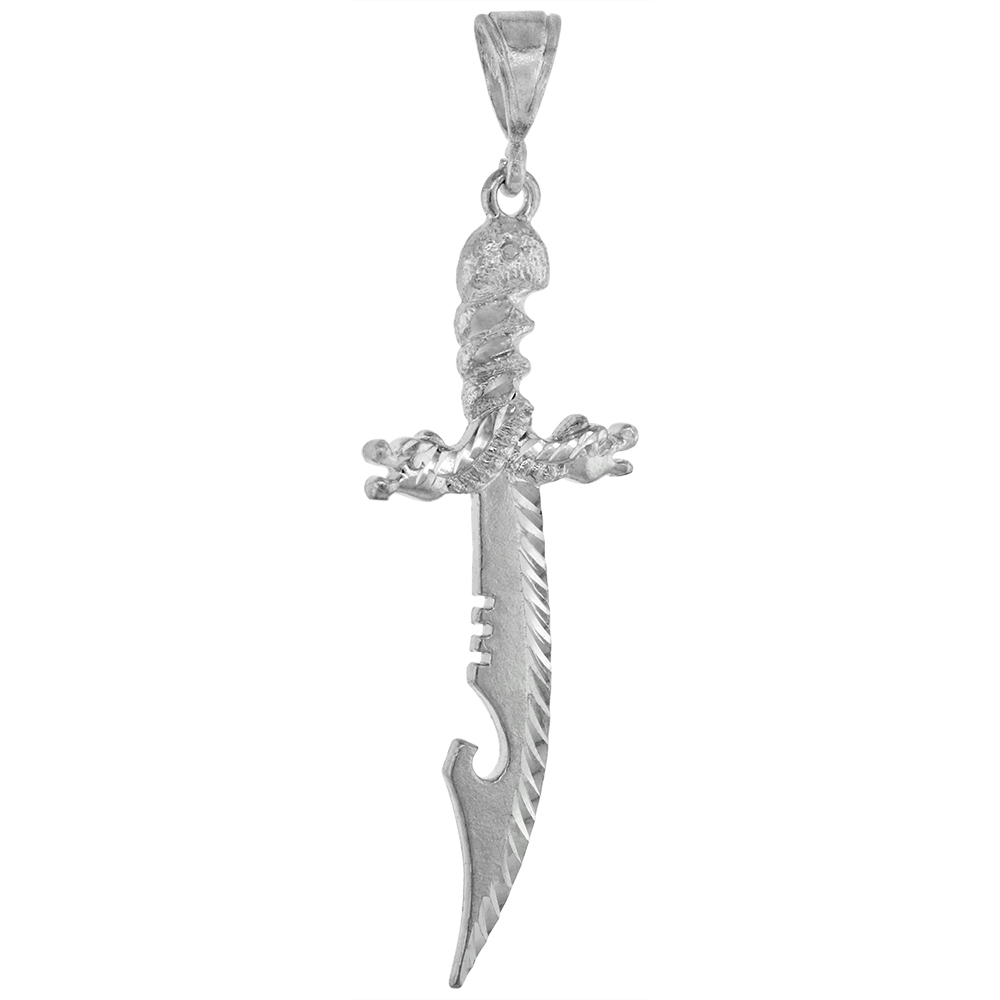 2 1/2 INCH LARGE STERLING SILVER SWORD WITH DRAGON GUARD PENDANT FOR MEN DIAMOND CUT FINISH