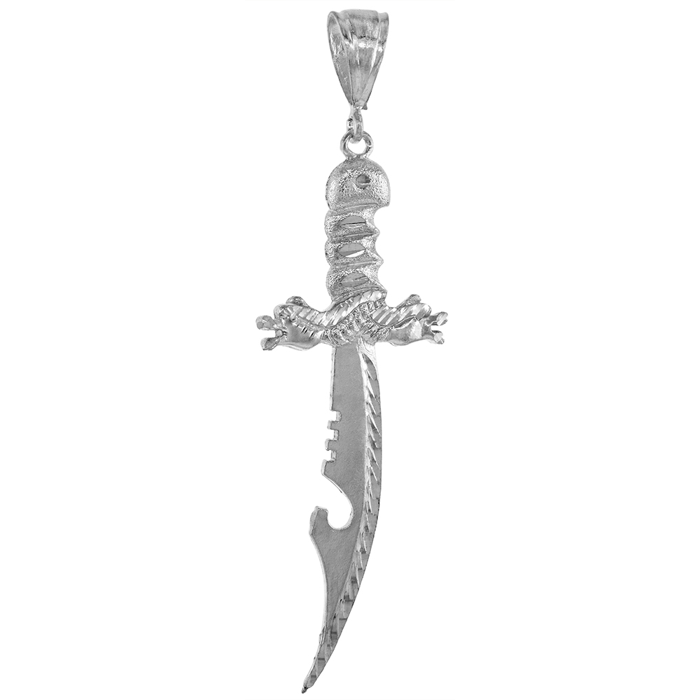 3 5/16 INCH LARGE STERLING SILVER SWORD WITH DRAGON GUARD PENDANT FOR MEN DIAMOND CUT FINISH